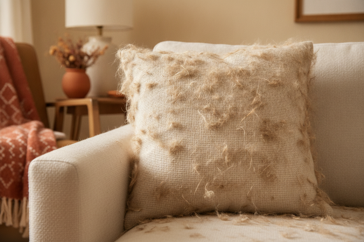 Cream sofa cushion covered in a thick layer of light brown and white pet fur, showing a messy, unkempt surface.
