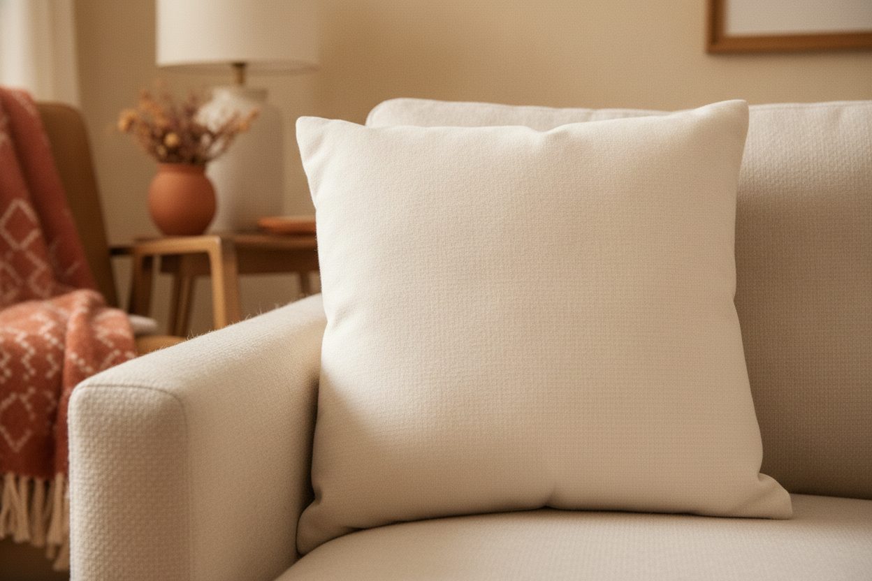 A clean terracotta sofa cushion, completely free of pet hair, in a warm cream-colored living room.